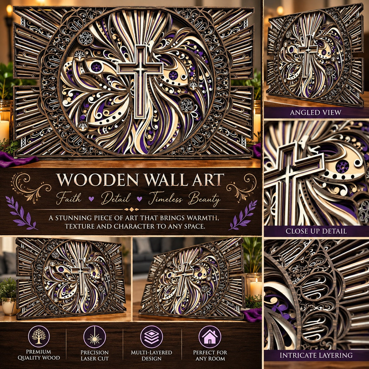 3D Handcrafted Wooden Cross Wall Art