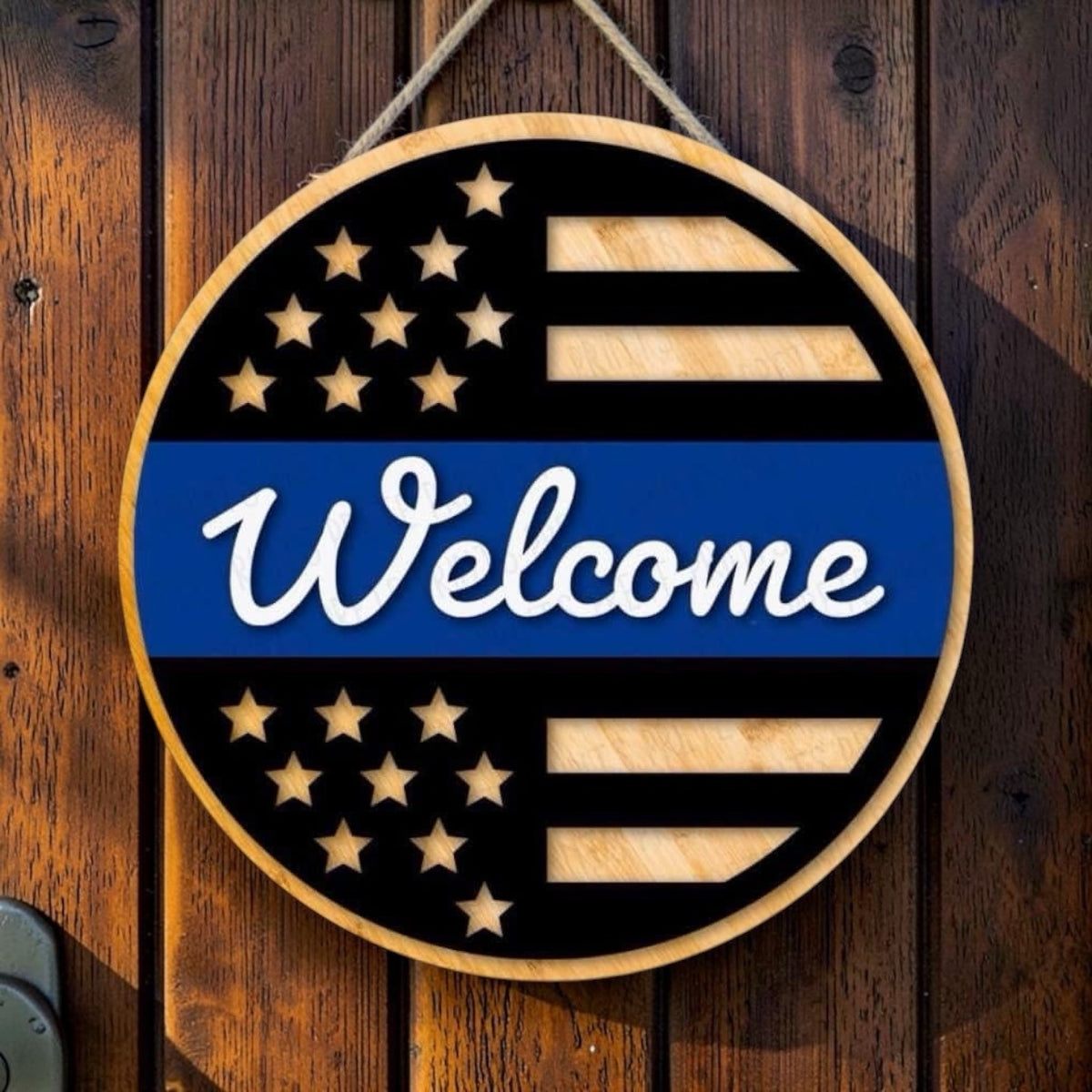 Thin Blue Line American Flag Wooden Welcome Door Sign – Patriotic Police Support Décor 🇺🇸