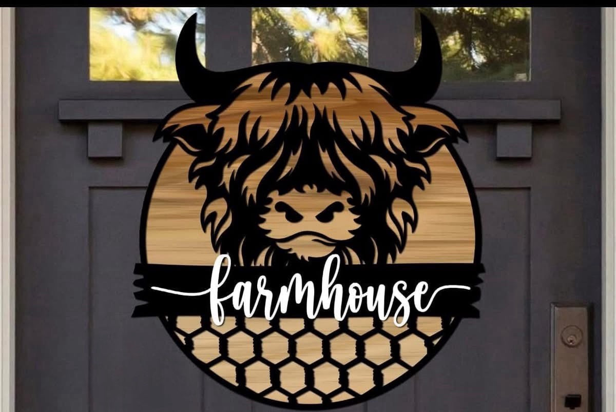Highland Cow Honeycomb Wooden Farmhouse Door Sign