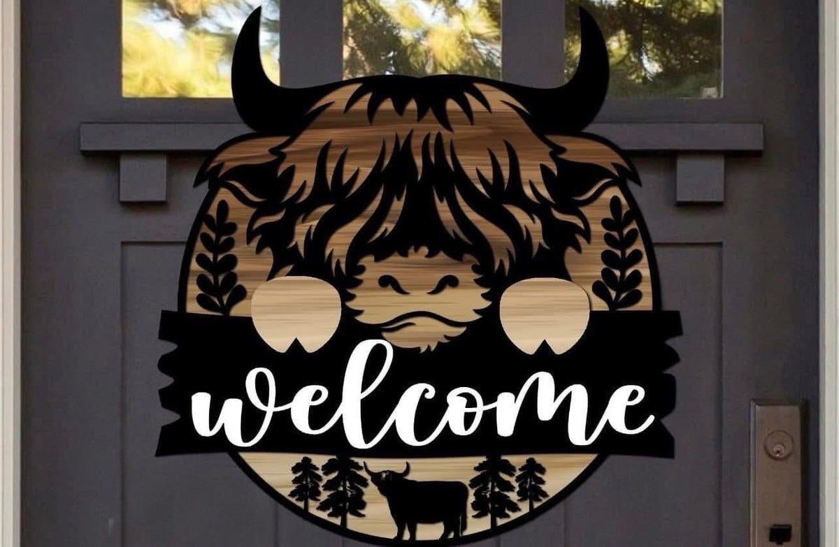 Highland Cow Wooden Welcome Door Sign – Rustic Farmhouse Décor