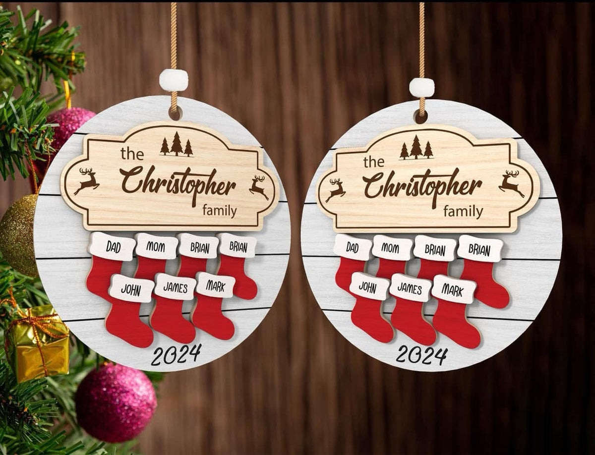 Personalized Family Name Stocking Engraved Wood Ornament