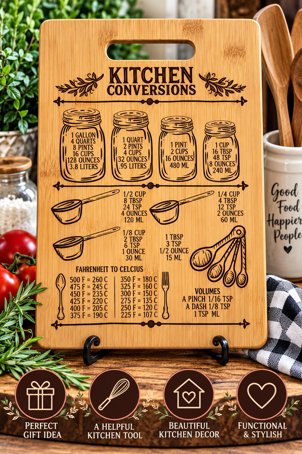 Kitchen Conversions Laser Engraved Wooden Cutting Board