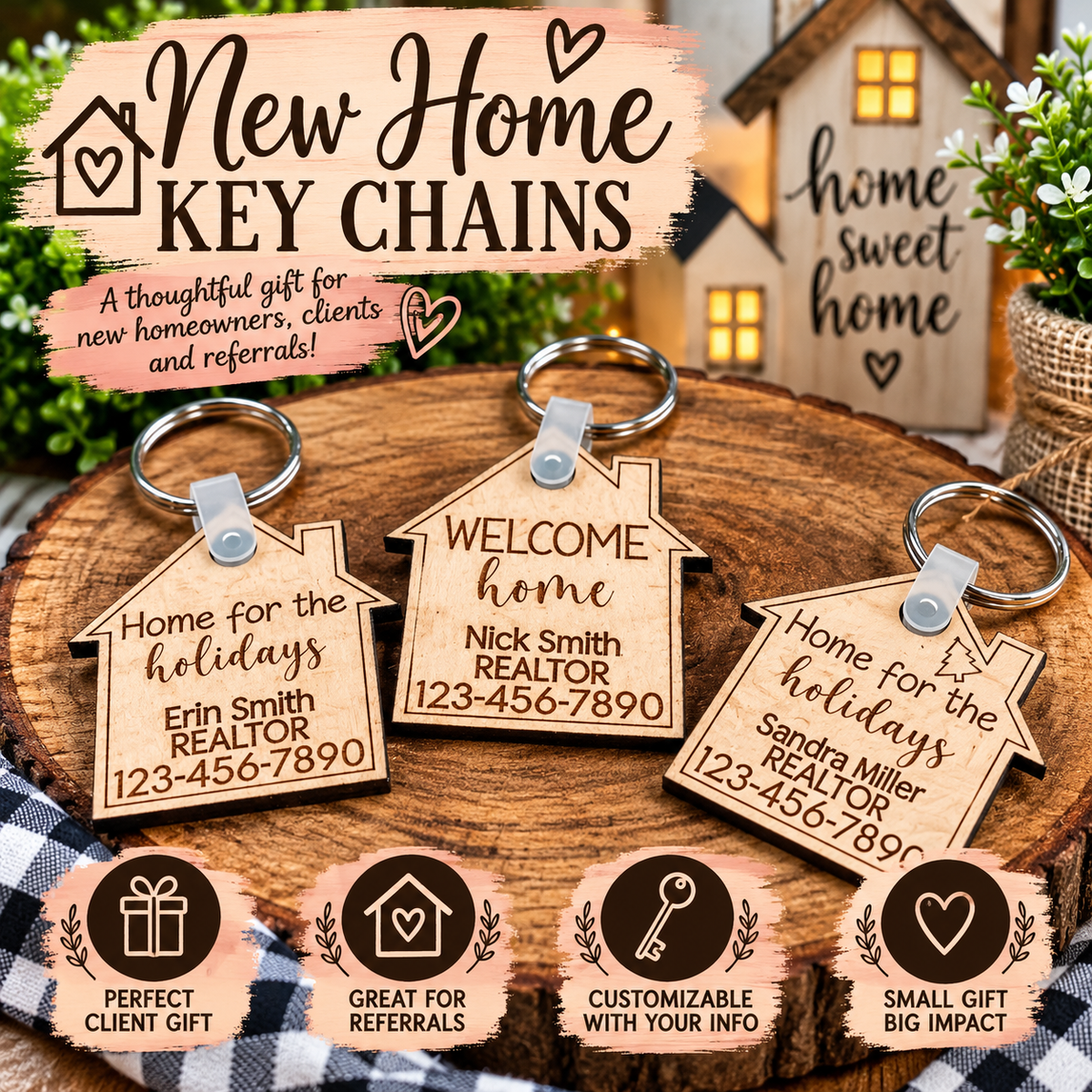 Personalized Laser Engraved Wooden Real Estate Keychains
