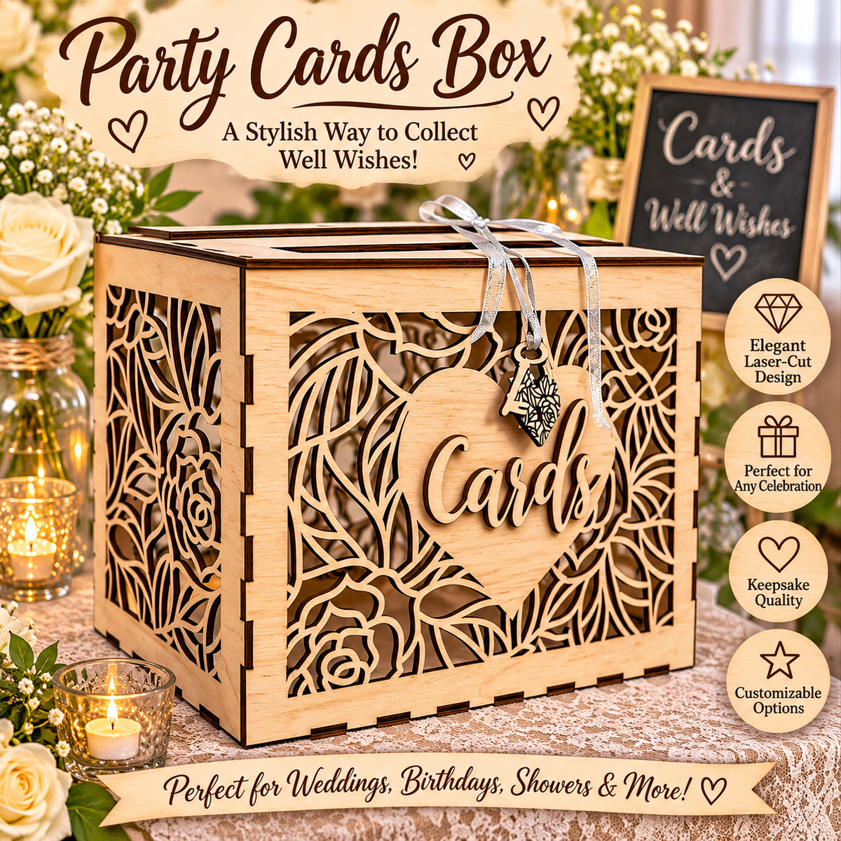 Handcrafted Laser-Cut Wooden Card Box – Perfect for Any Celebration!
