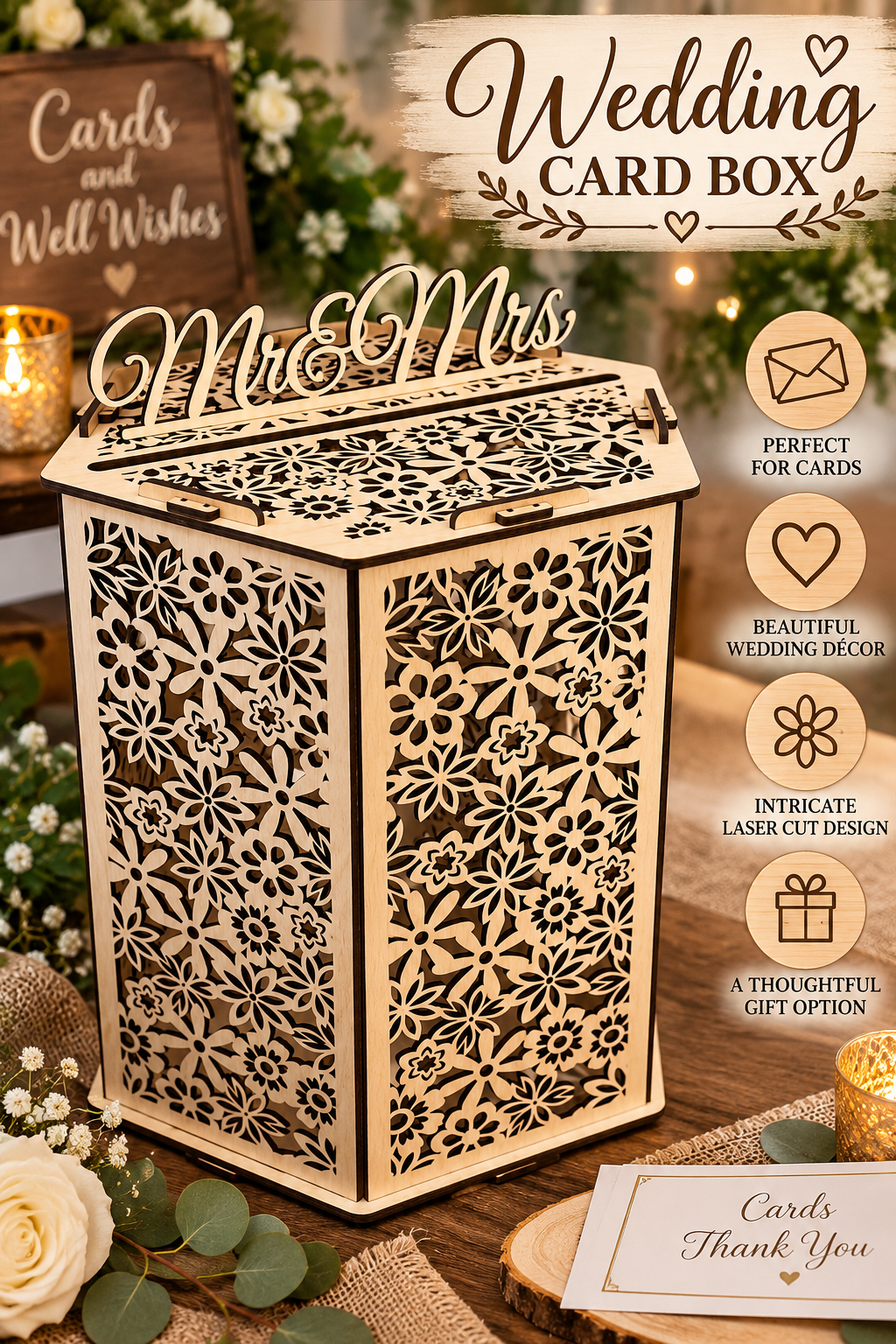 Mr. & Mrs. Laser-Cut Wooden Wedding Card Box