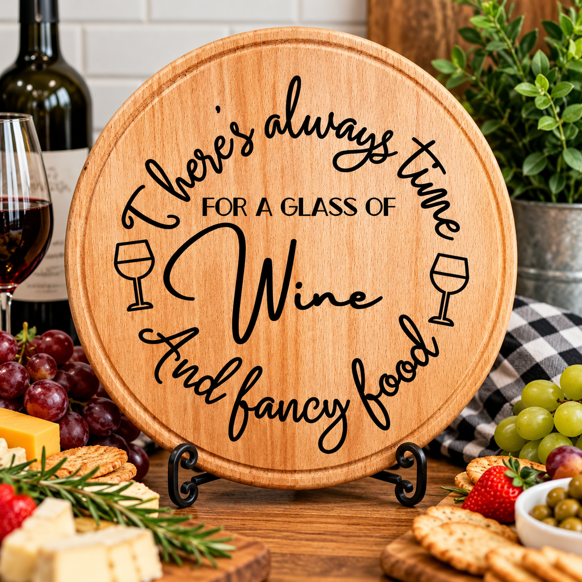 There's Always Time for Wine &amp; Fancy Food – Laser Engraved Wooden Cutting Board